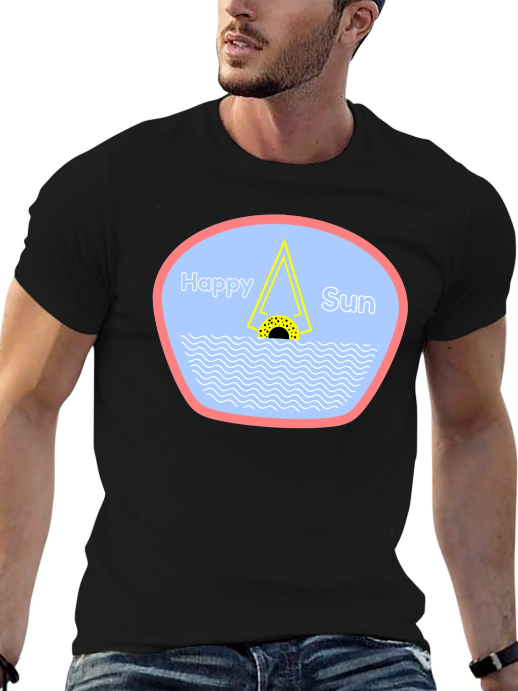 Happy Sun Graphic Tee - Black Cotton T-Shirt