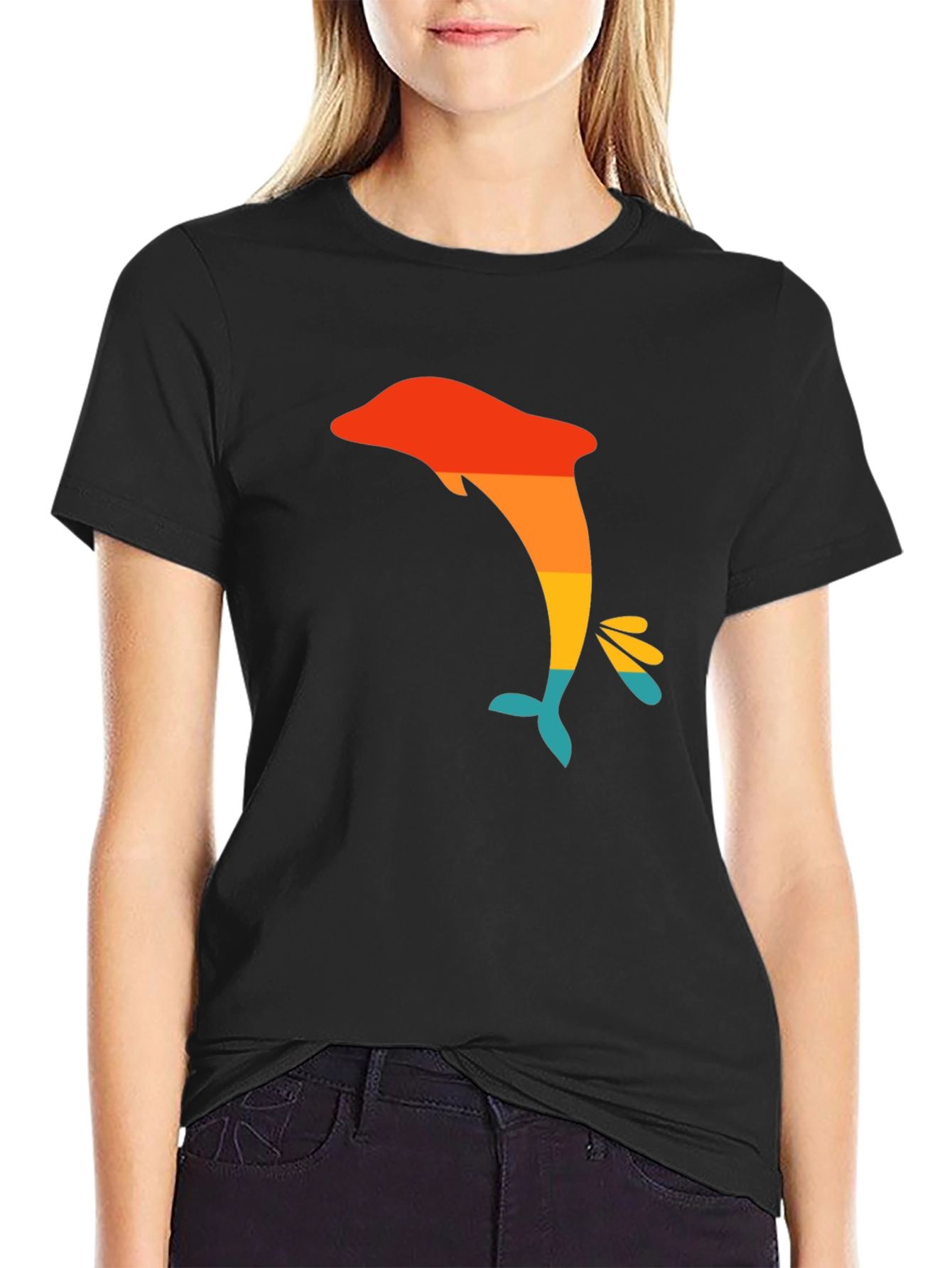 Retro Dolphin Graphic Tee - Black Casual T-Shirt