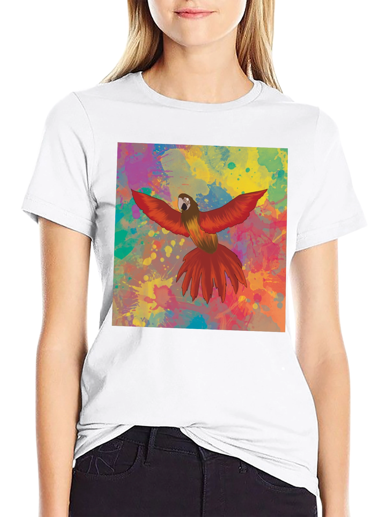 Colorful Parrot Graphic Print Black T-Shirt