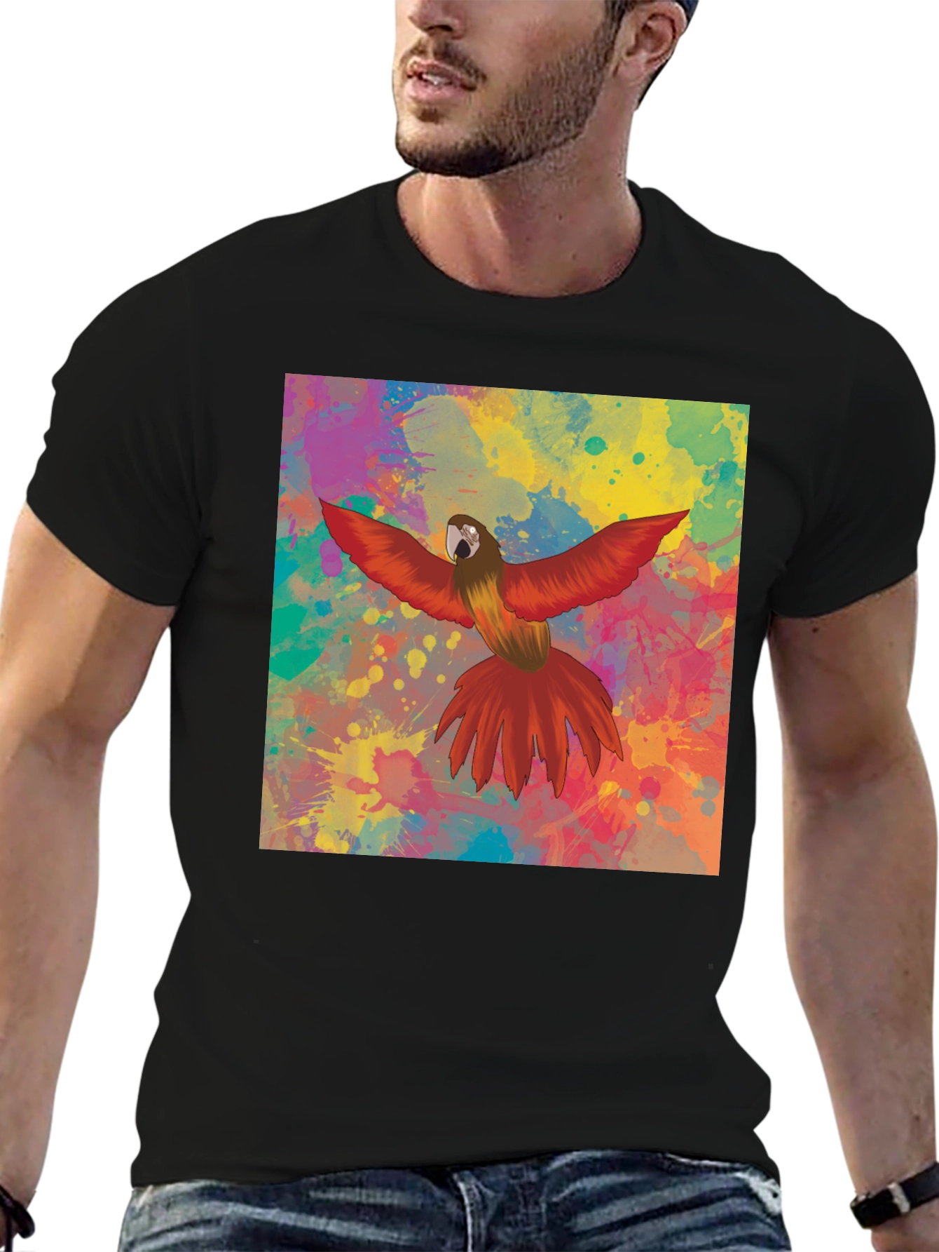 Colorful Parrot Graphic Print Black T-Shirt