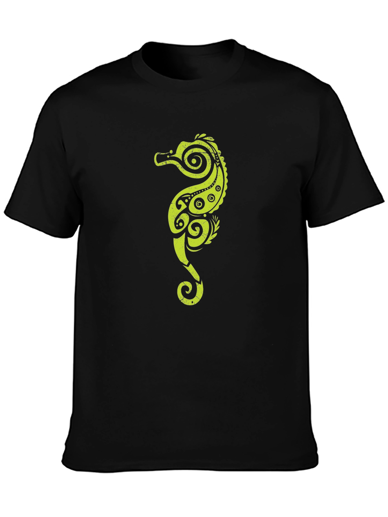 Tribal Seahorse Graphic Tee - Black Cotton Casual T-Shirt