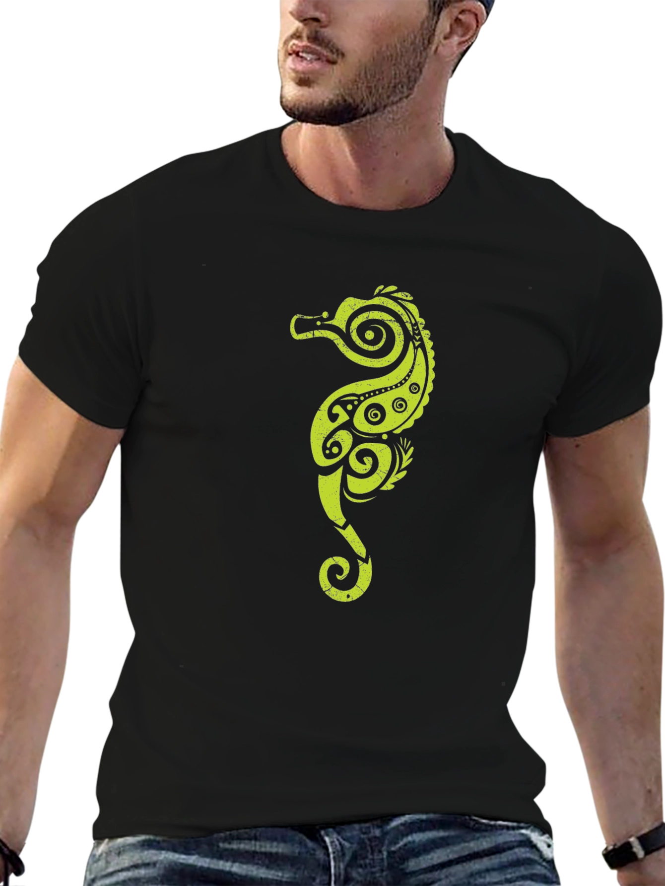 Tribal Seahorse Graphic Tee - Black Cotton Casual T-Shirt