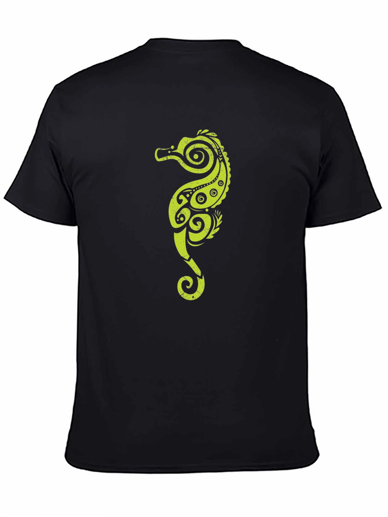 Tribal Seahorse Graphic Tee - Black Cotton Casual T-Shirt