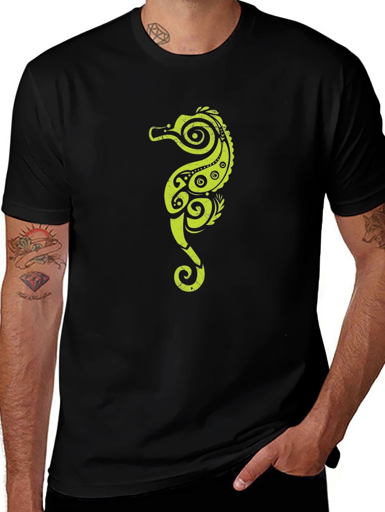 Tribal Seahorse Graphic Tee - Black Cotton Casual T-Shirt