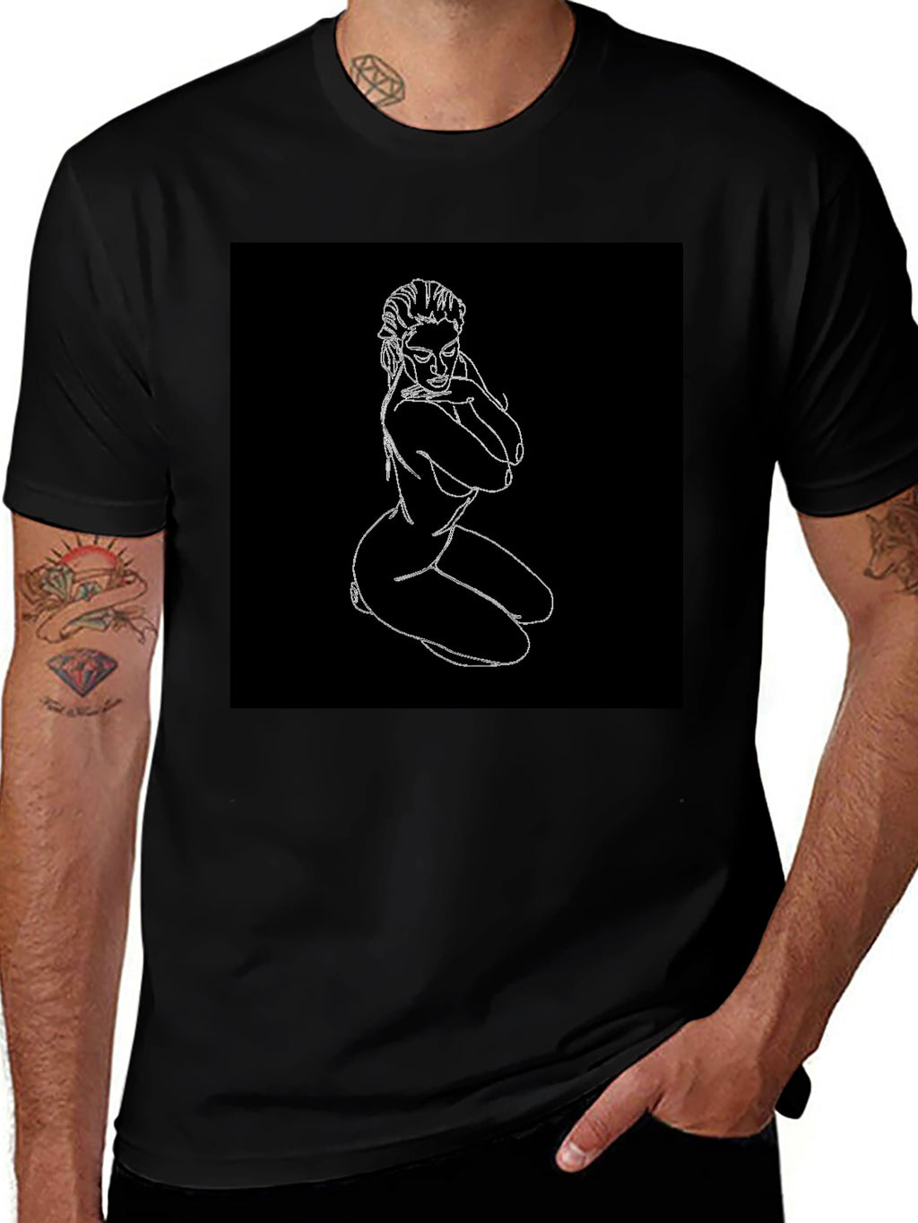 Line Art Graphic Tee - Black Cotton Shirt