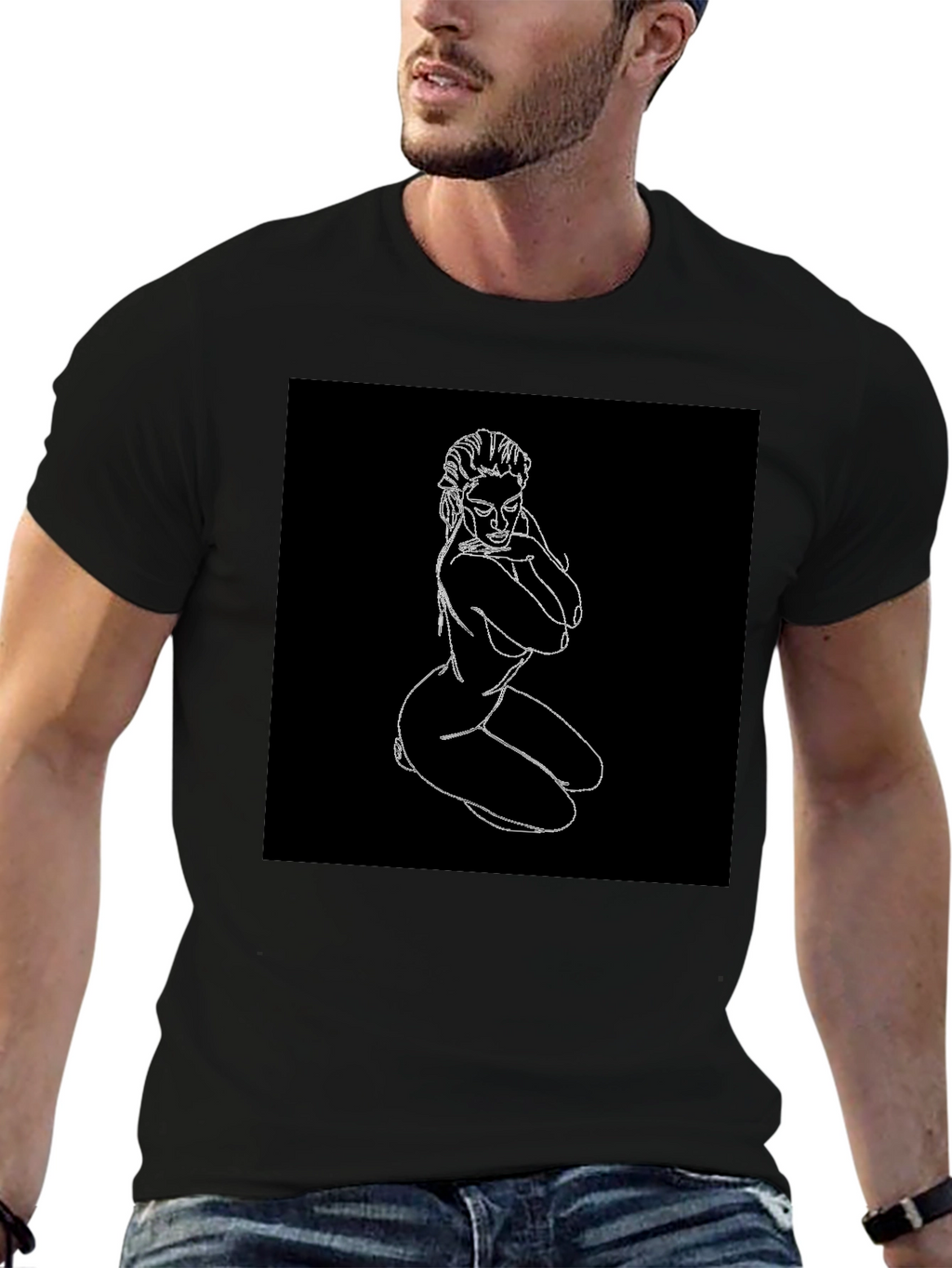 Line Art Graphic Tee - Black Cotton Shirt