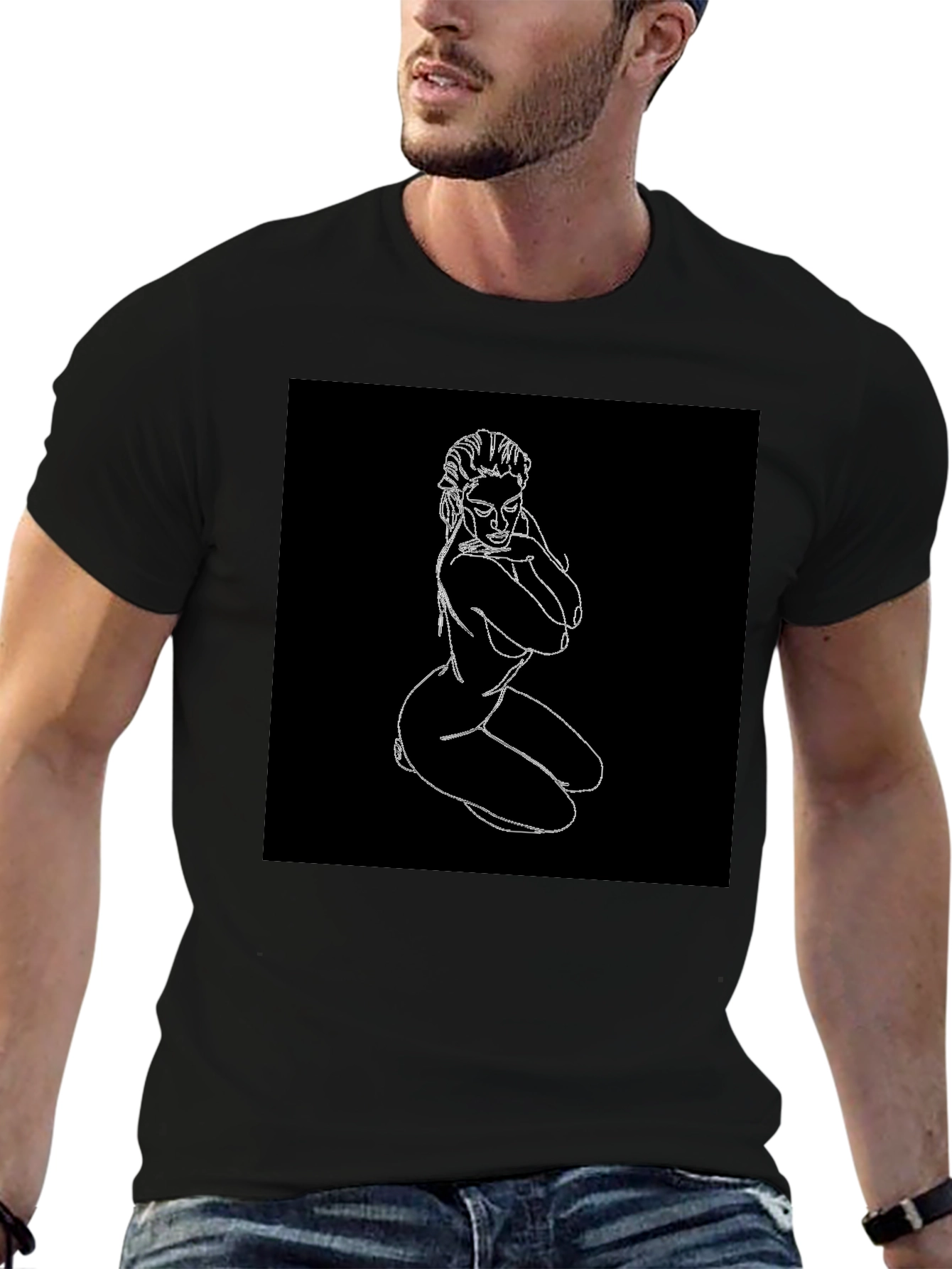Line Art Graphic Tee - Black Cotton Shirt