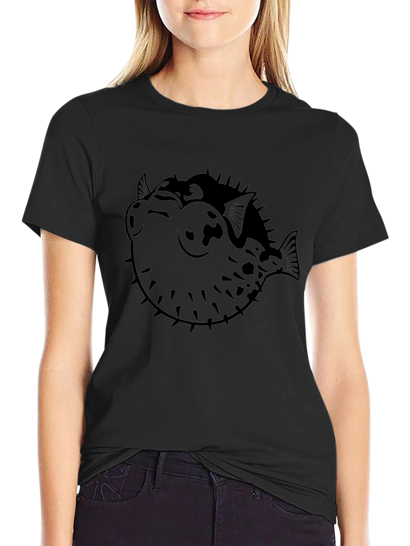 Pufferfish Graphic Print Black T-Shirt