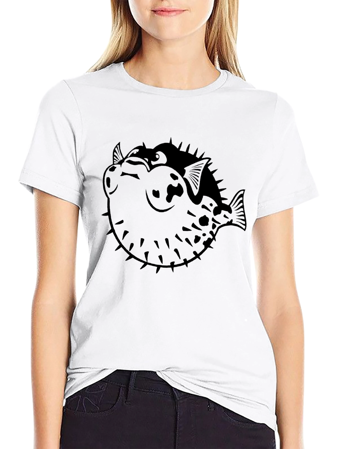 Pufferfish Graphic Print Black T-Shirt