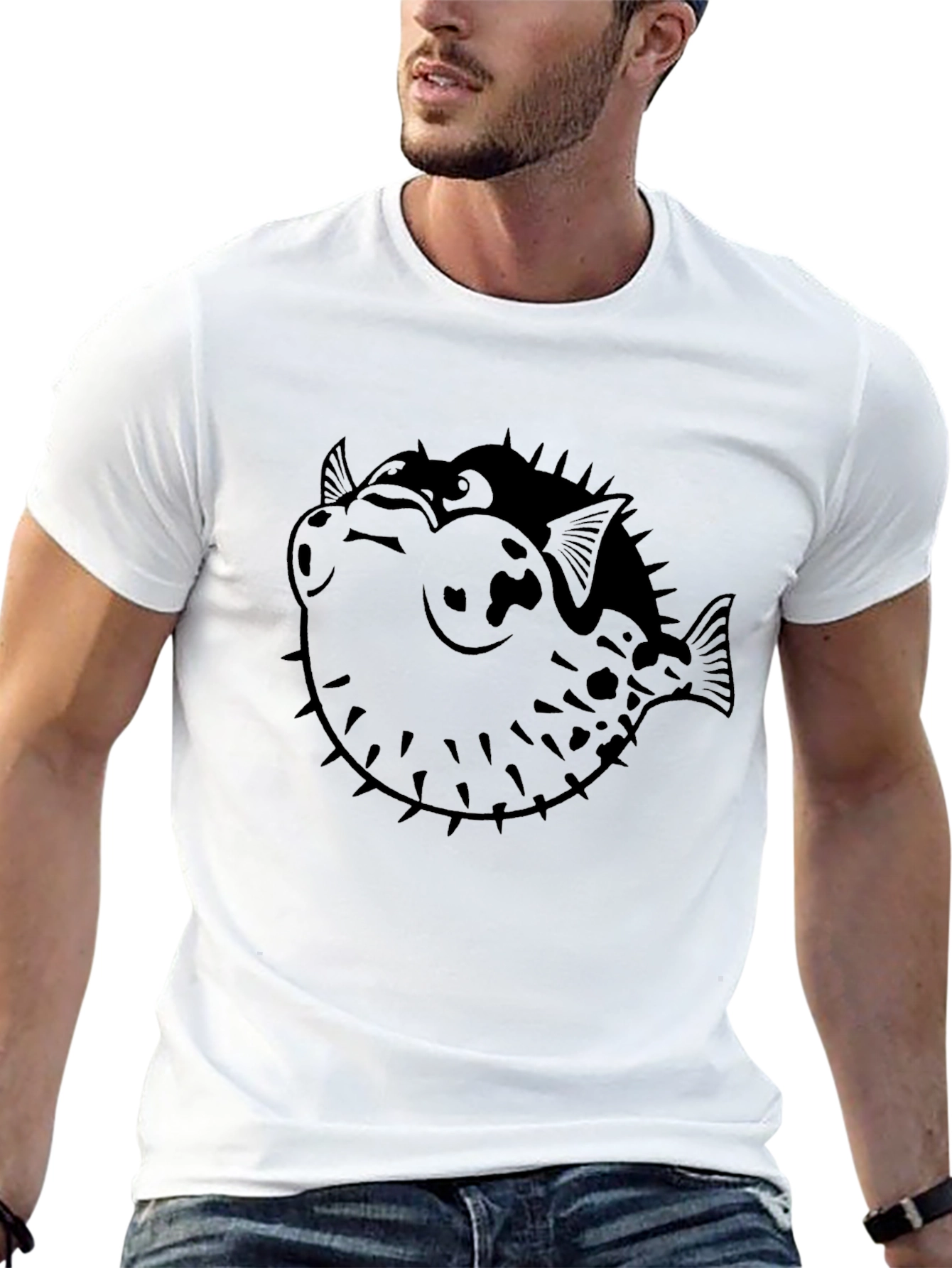 Pufferfish Graphic Print Black T-Shirt
