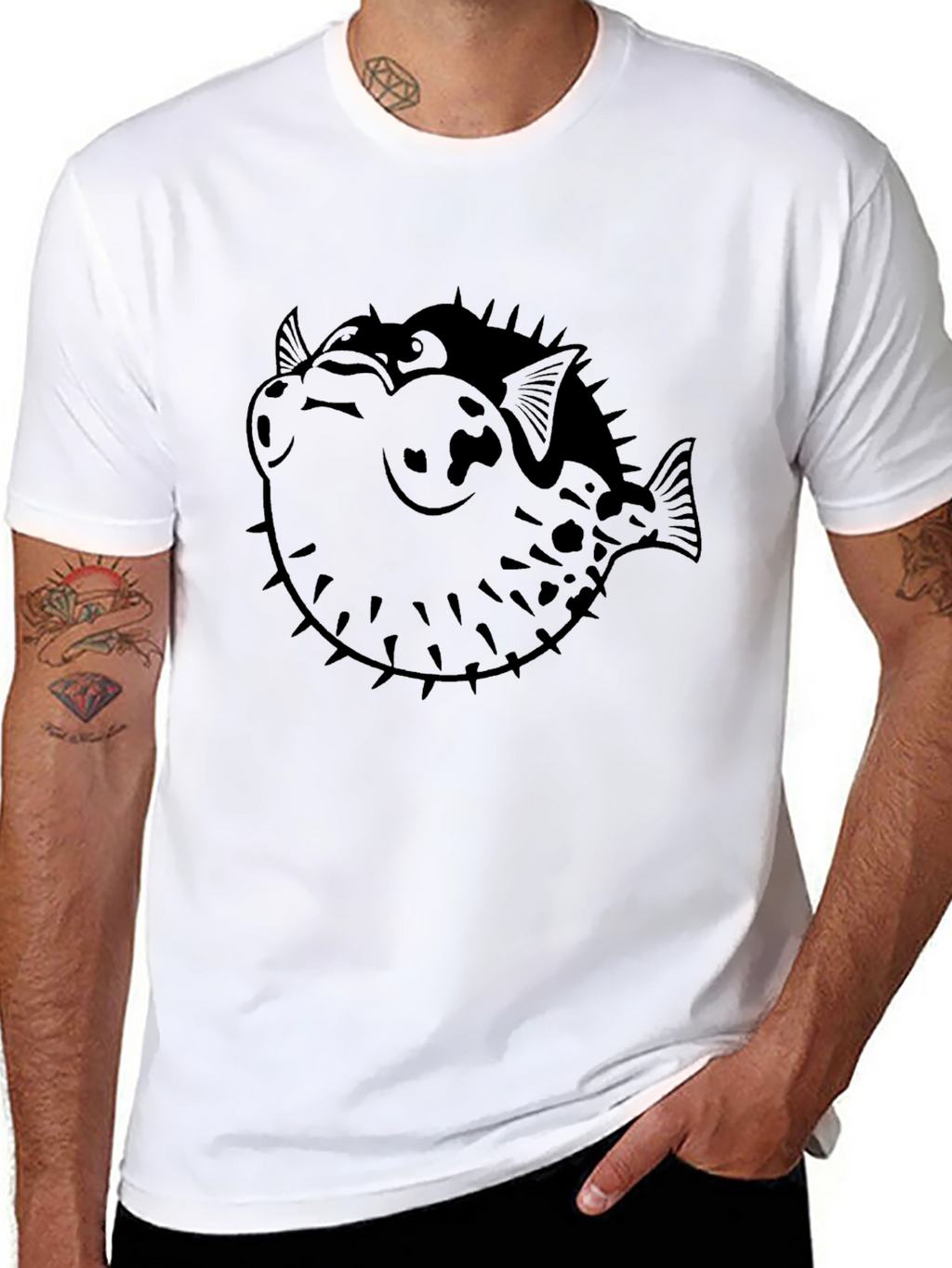 Pufferfish Graphic Print Black T-Shirt