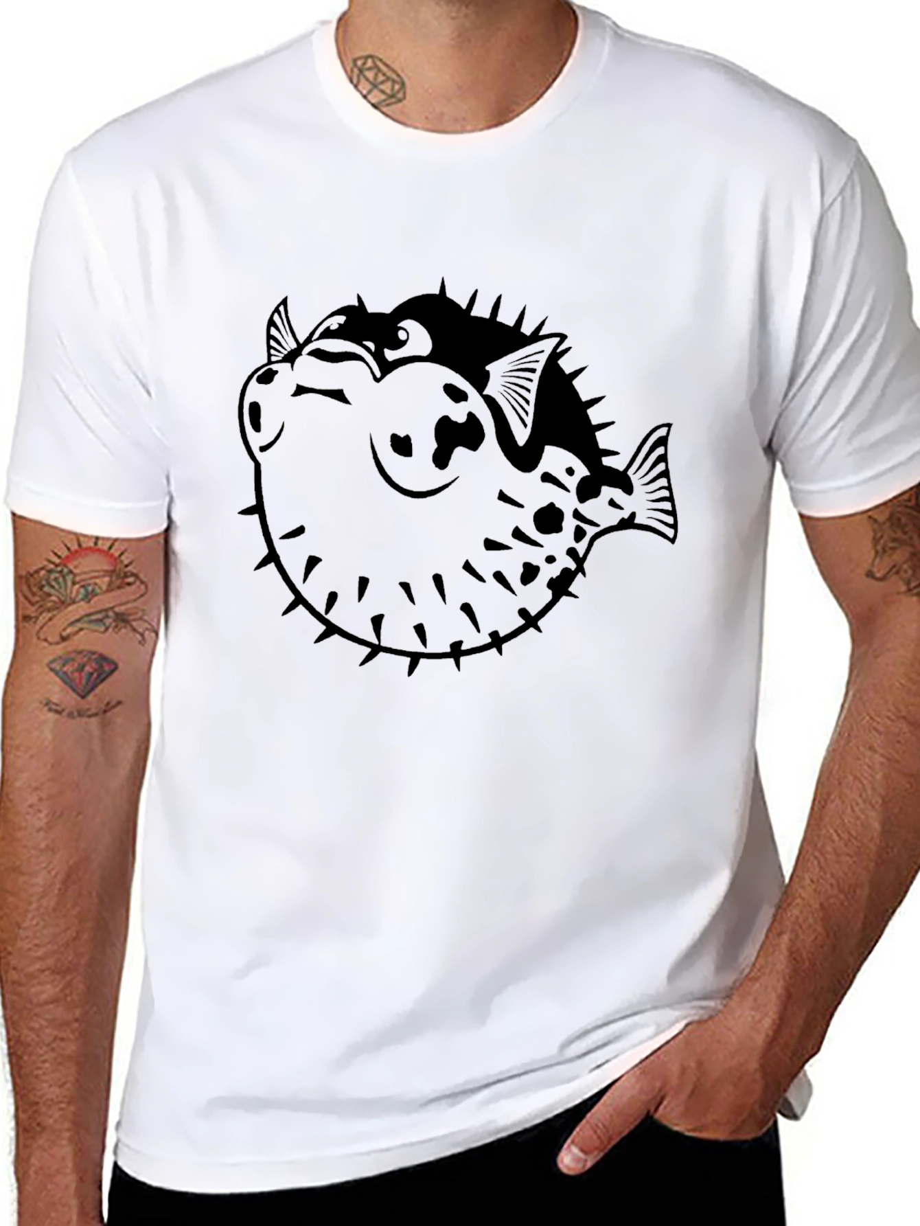 Pufferfish Graphic Print Black T-Shirt