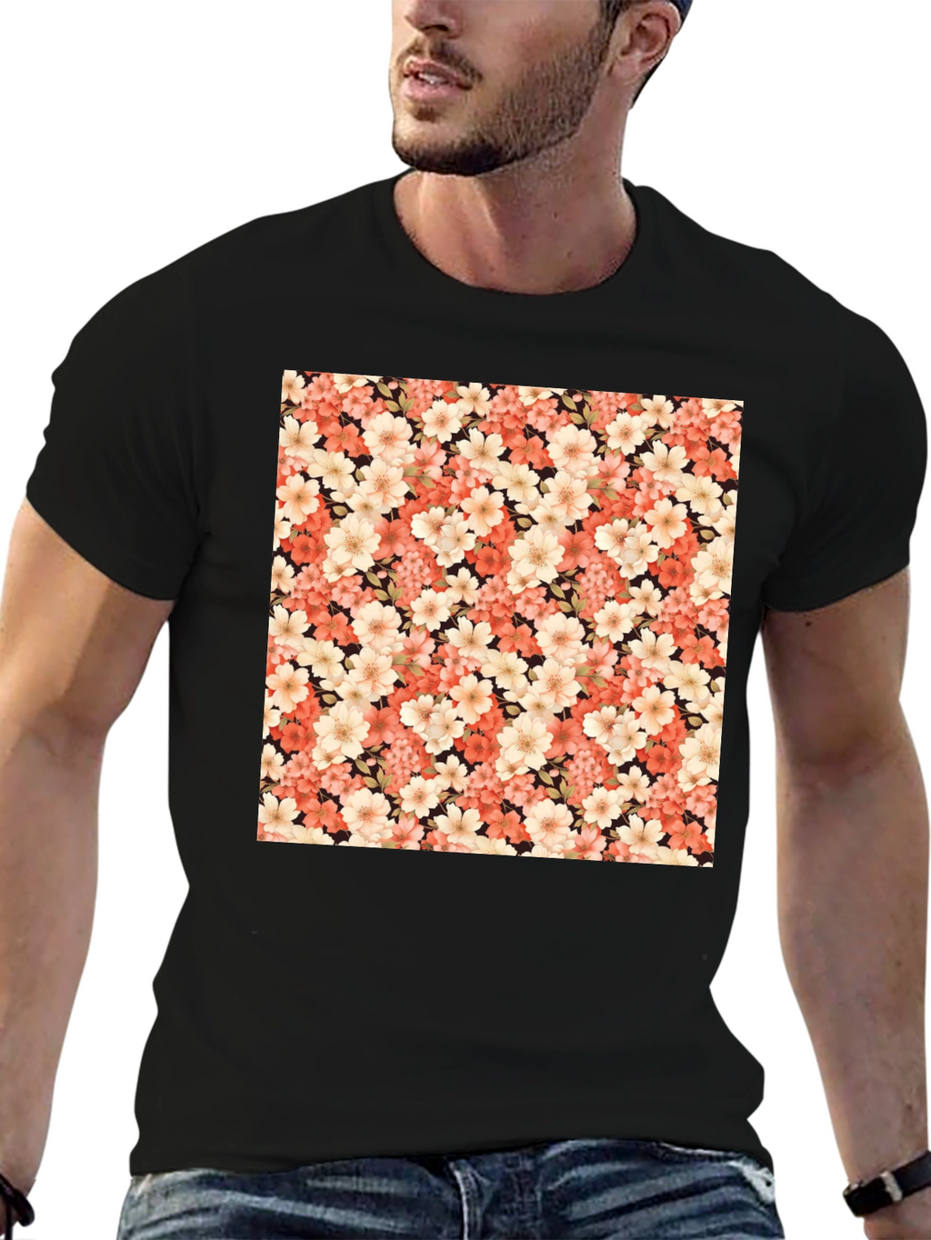 Floral Pattern Black T-Shirt