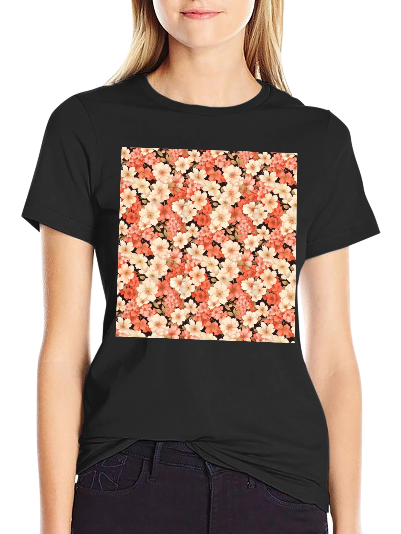 Floral Pattern Black T-Shirt