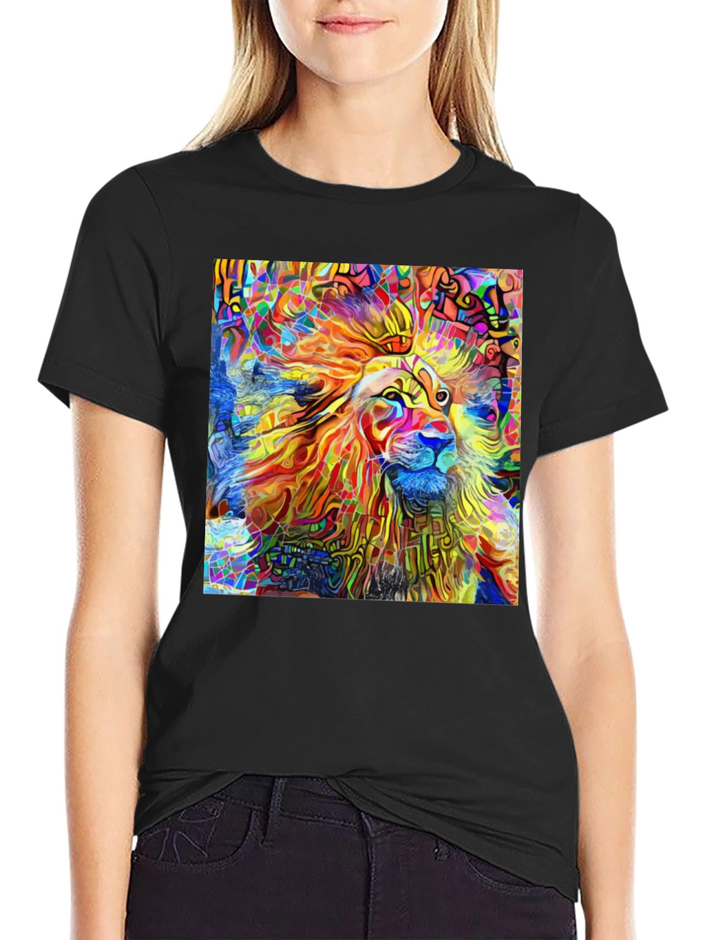Vibrant Lion Art Black T-Shirt