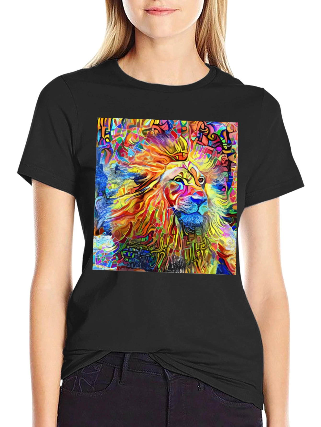Vibrant Lion Art Black T-Shirt