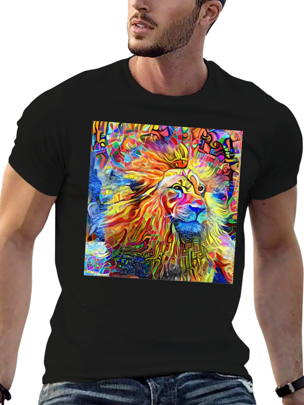 Vibrant Lion Art Black T-Shirt