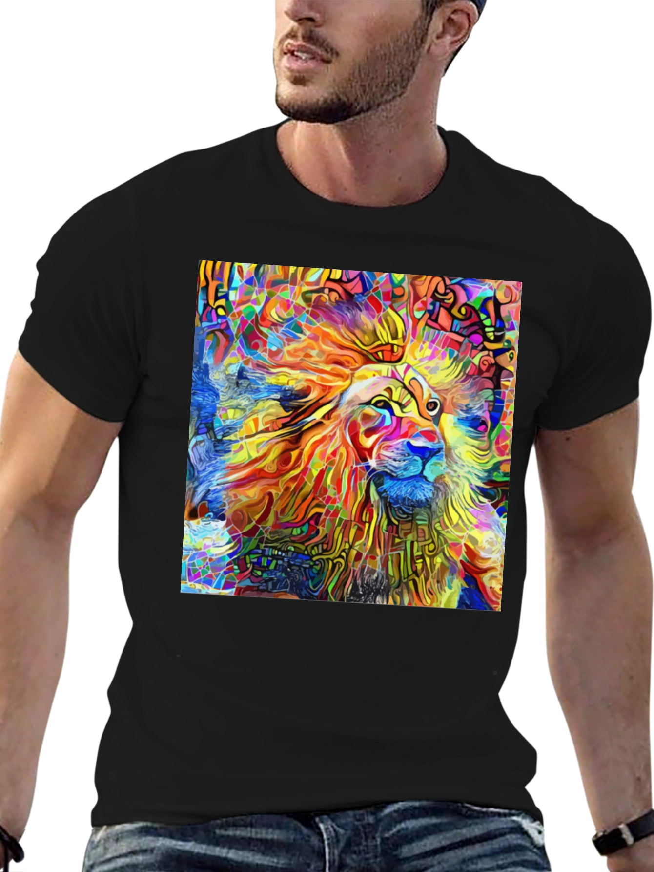 Vibrant Lion Art Black T-Shirt