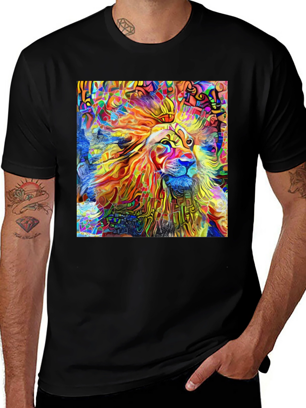 Vibrant Lion Art Black T-Shirt