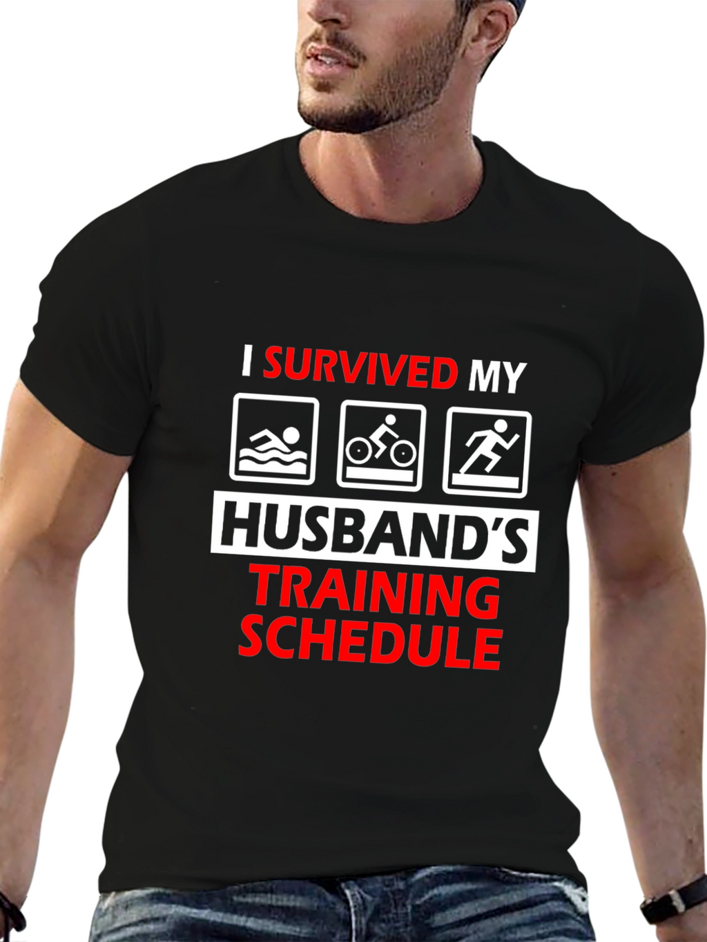 Humorous I Survived Husbands Triathlon Training T-Shirt