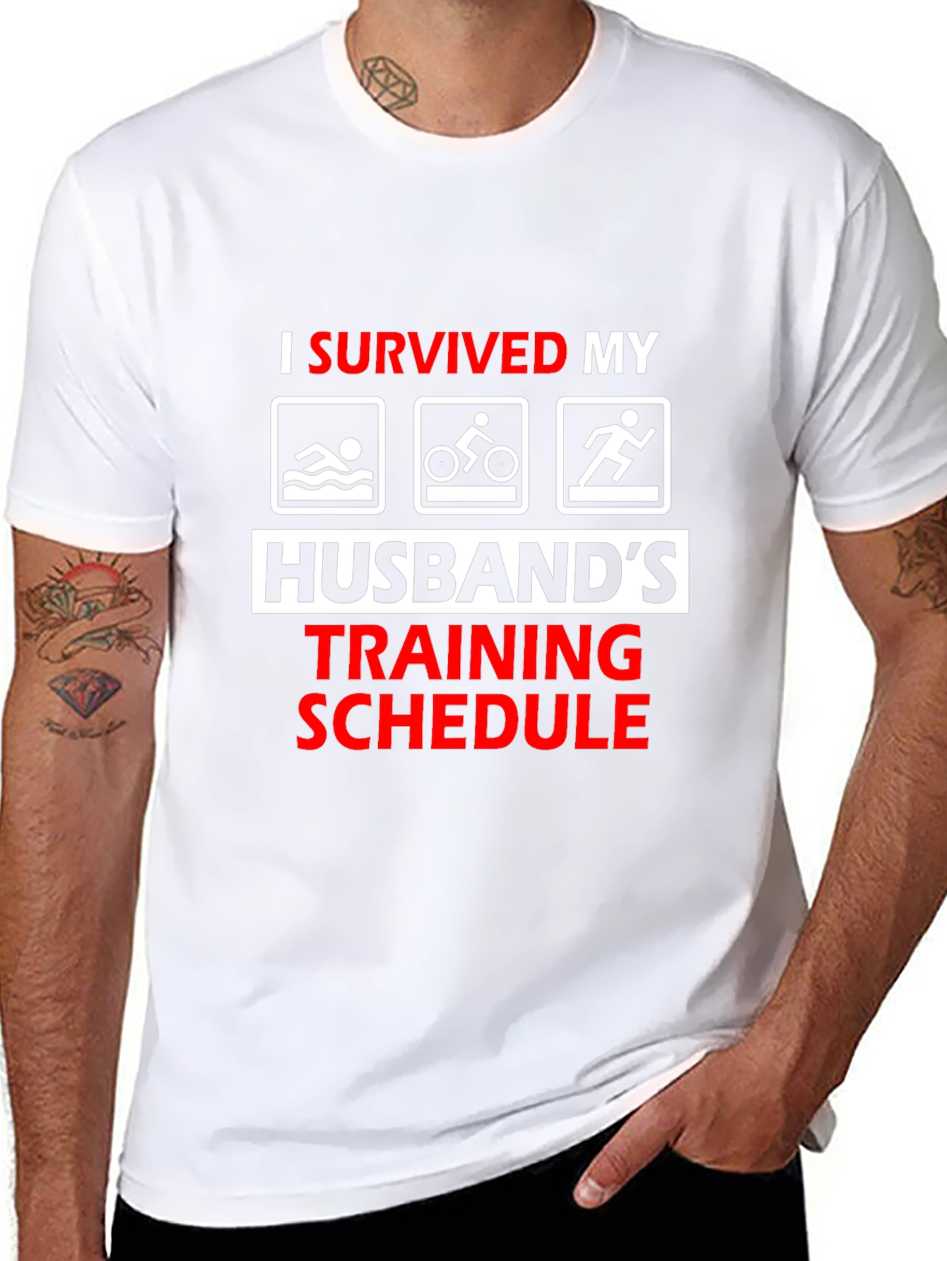 Humorous I Survived Husbands Triathlon Training T-Shirt