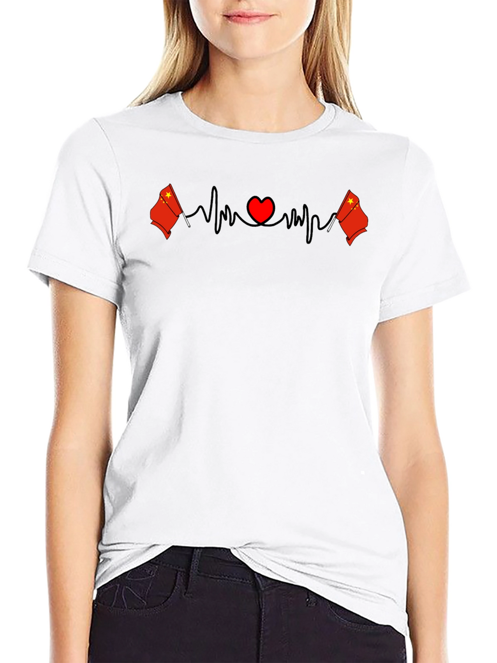 China Flag Heartbeat Graphic Print Black T-Shirt
