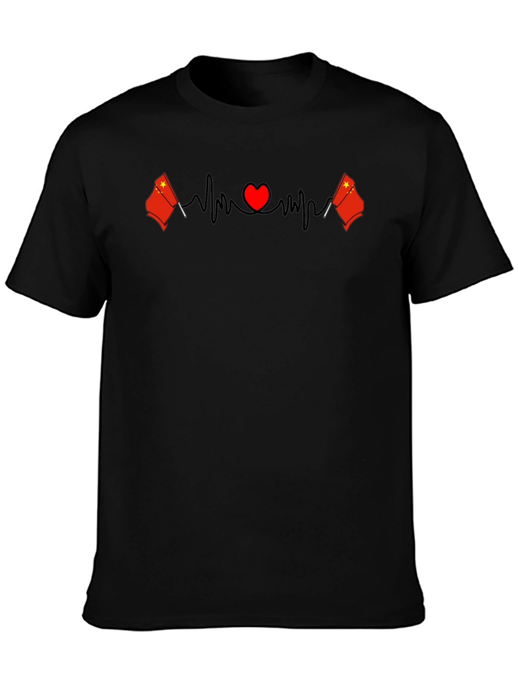 China Flag Heartbeat Graphic Print Black T-Shirt