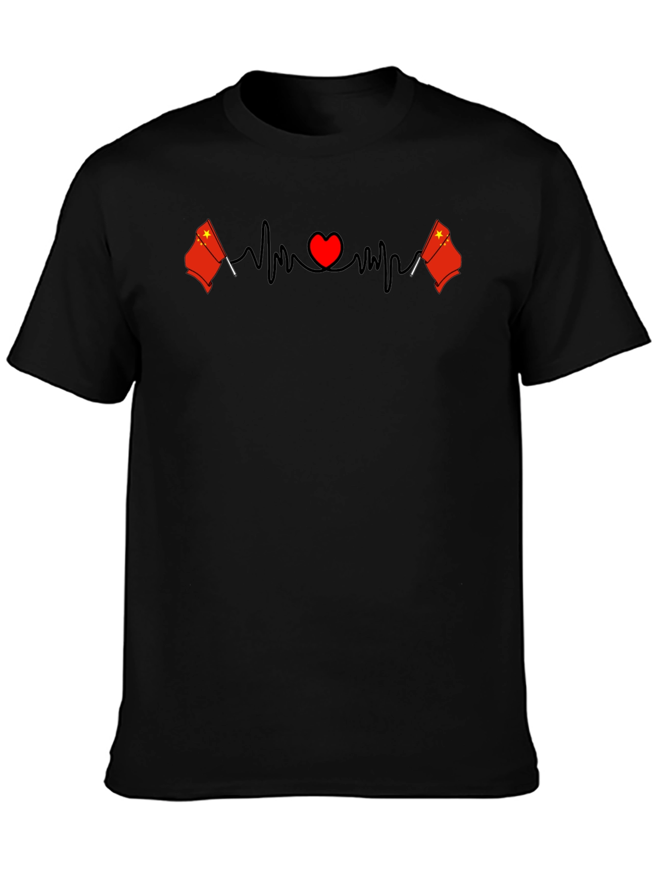 China Flag Heartbeat Graphic Print Black T-Shirt