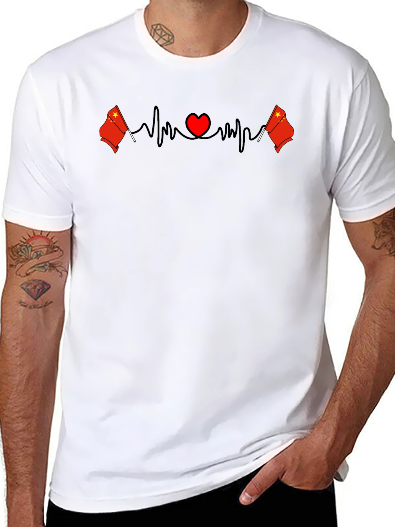China Flag Heartbeat Graphic Print Black T-Shirt