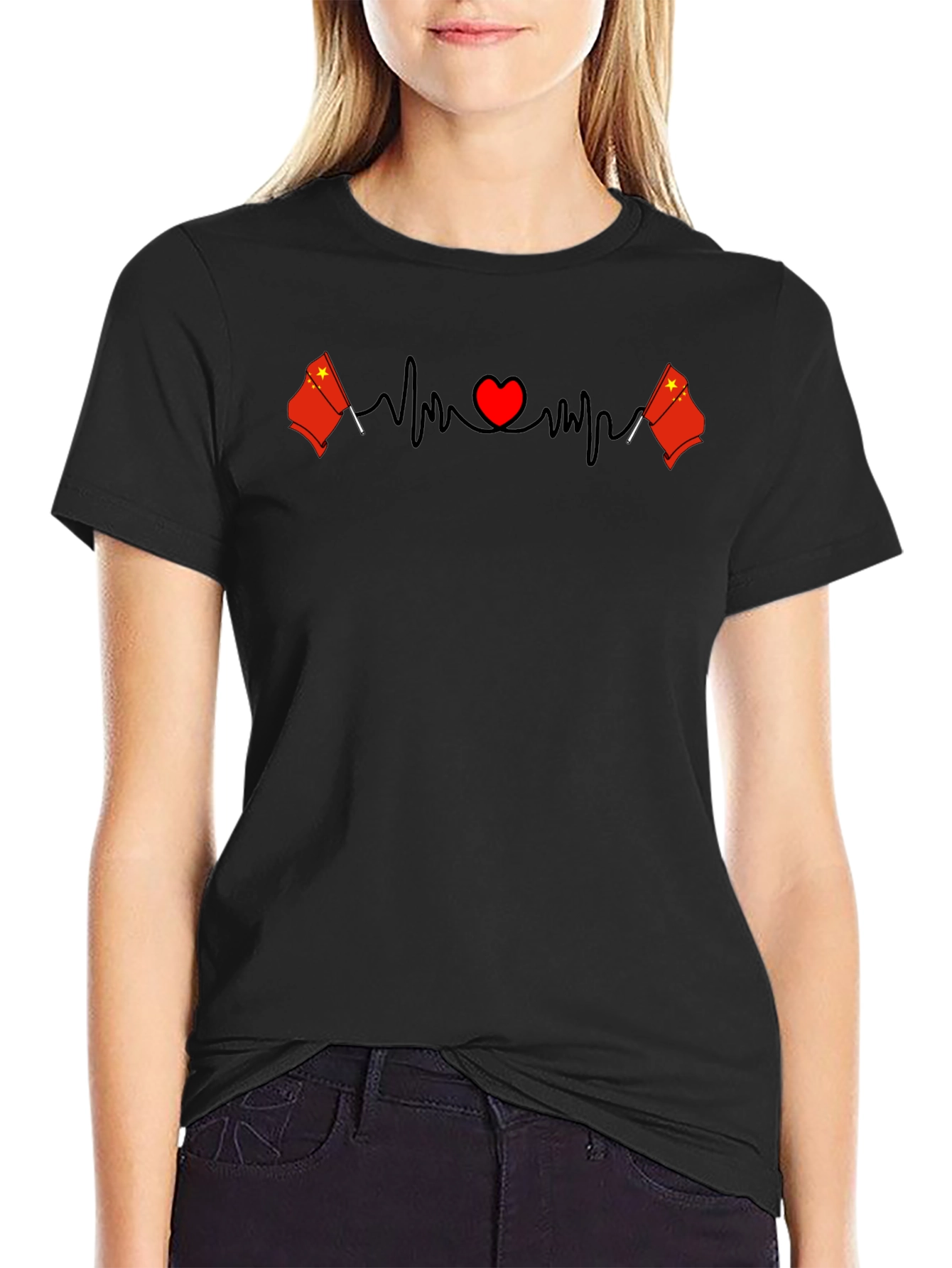 China Flag Heartbeat Graphic Print Black T-Shirt