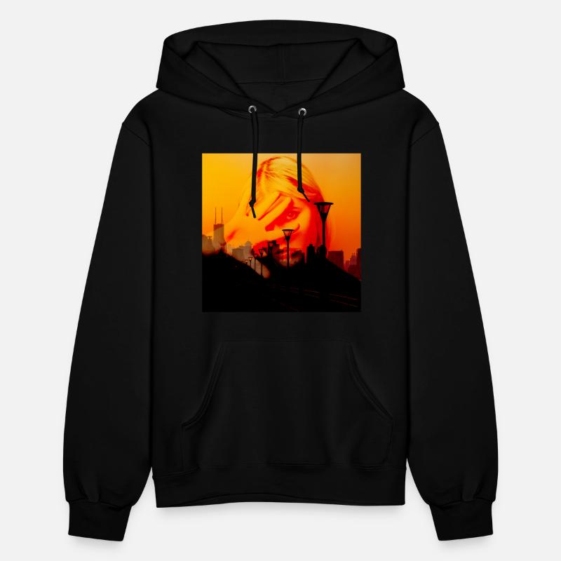 Girl Against City Skyline and Red Sky