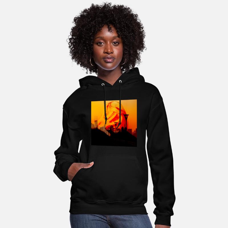 Girl Against City Skyline and Red Sky