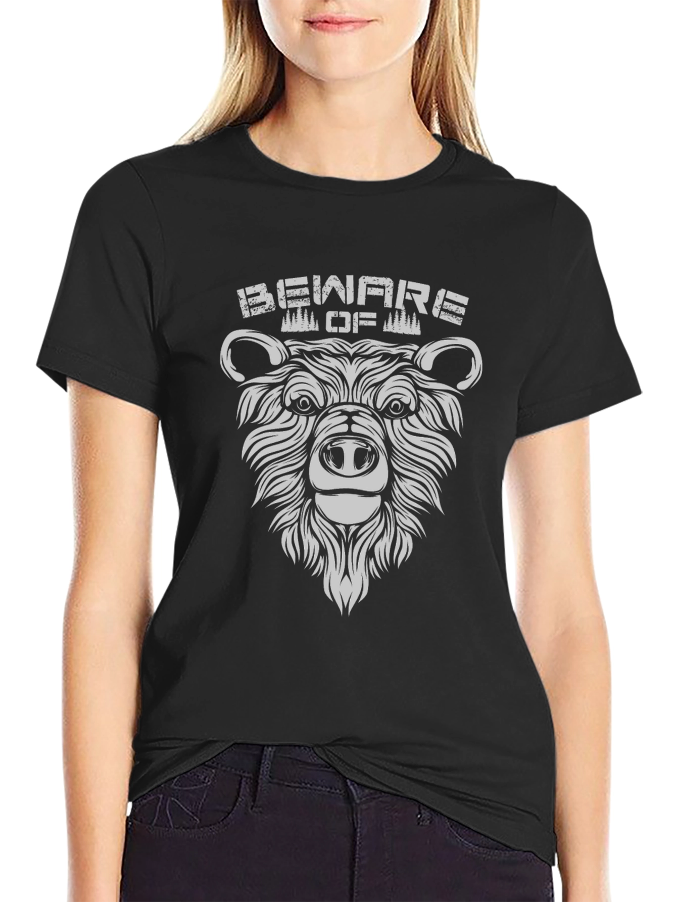 Beware of Bear Graphic Print Black T-Shirt