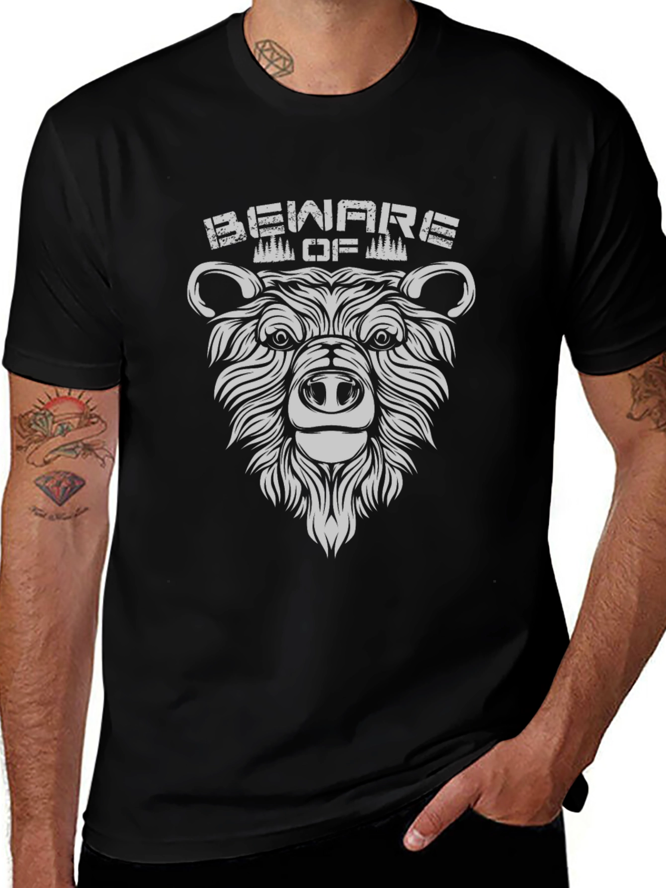 Beware of Bear Graphic Print Black T-Shirt