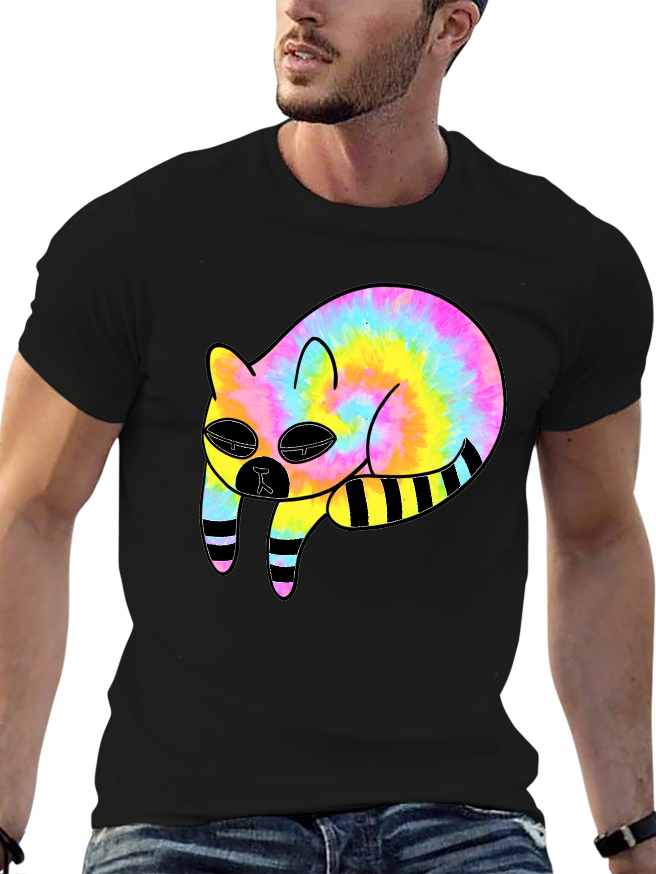 Tie-Dye Cat Graphic Black T-Shirt
