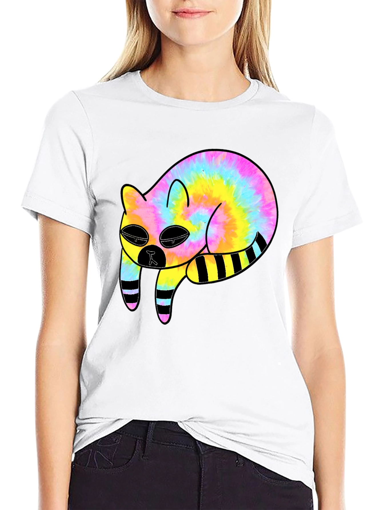 Tie-Dye Cat Graphic Black T-Shirt