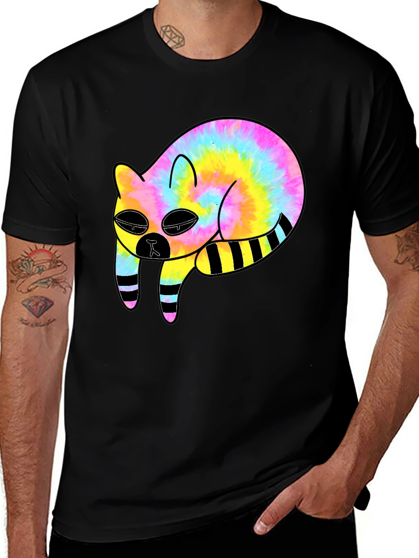 Tie-Dye Cat Graphic Black T-Shirt