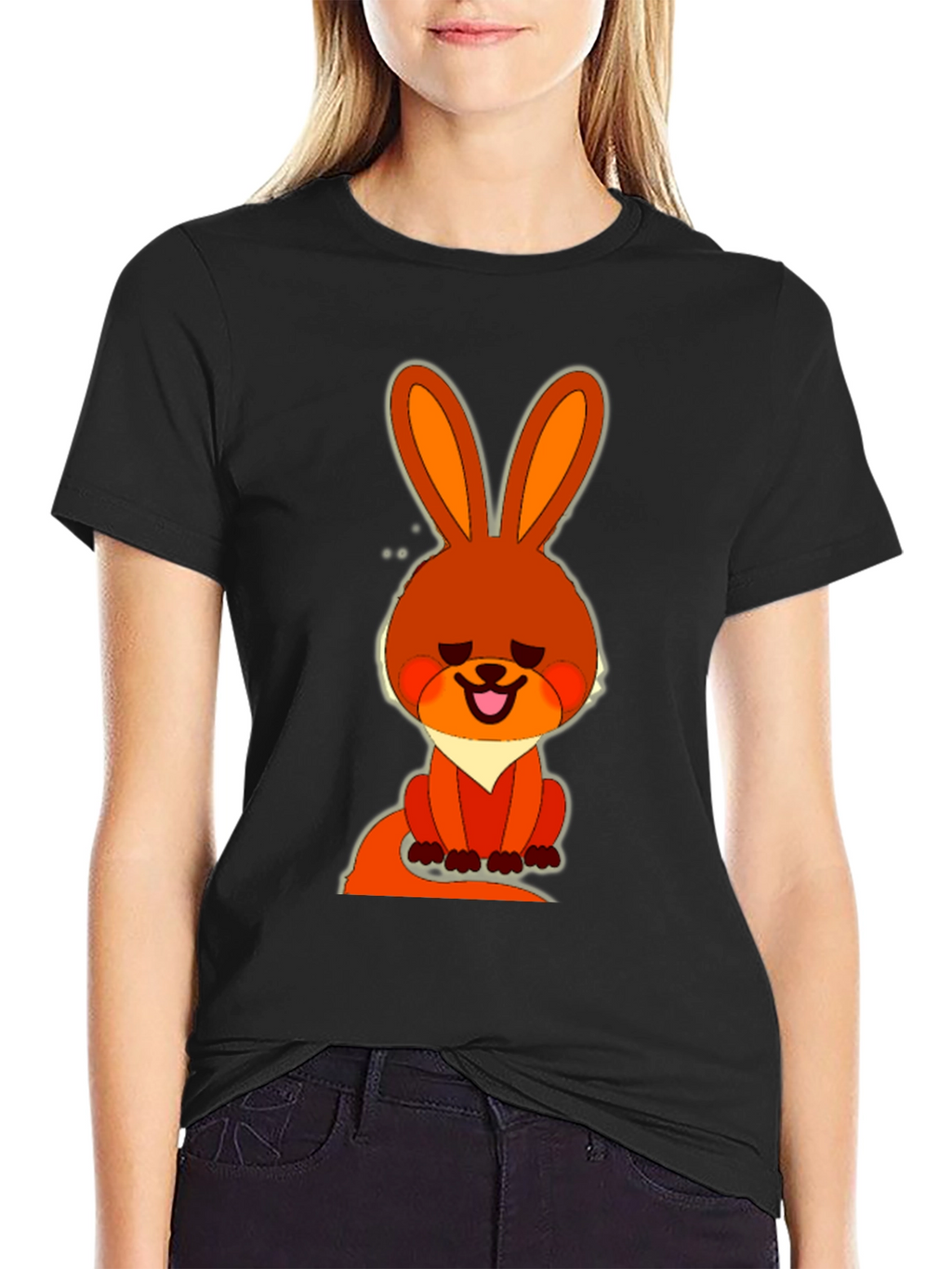 Cute Cartoon Rabbit Graphic Tee - Casual Black T-Shirt
