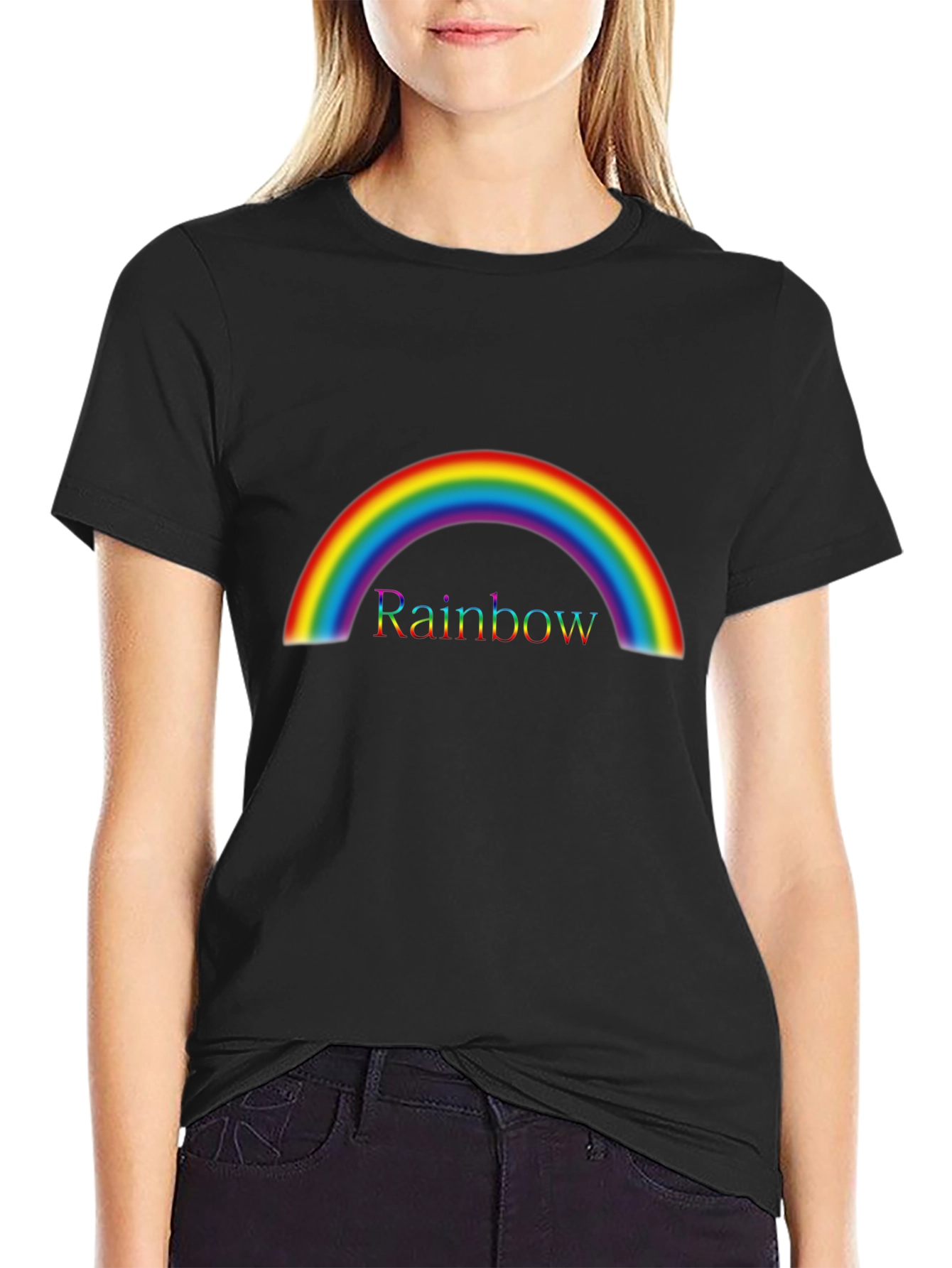 Rainbow Graphic Tee - Colorful Arc Design - Black