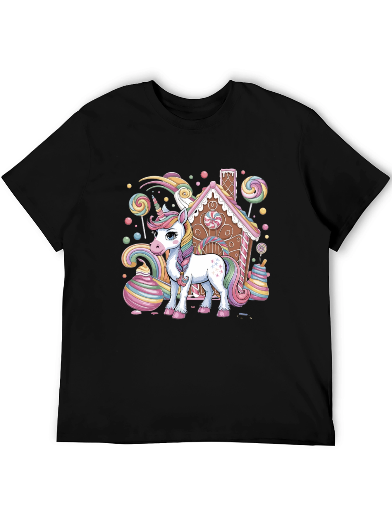 Unicorn & Candy House Graphic Tee - Black Cotton