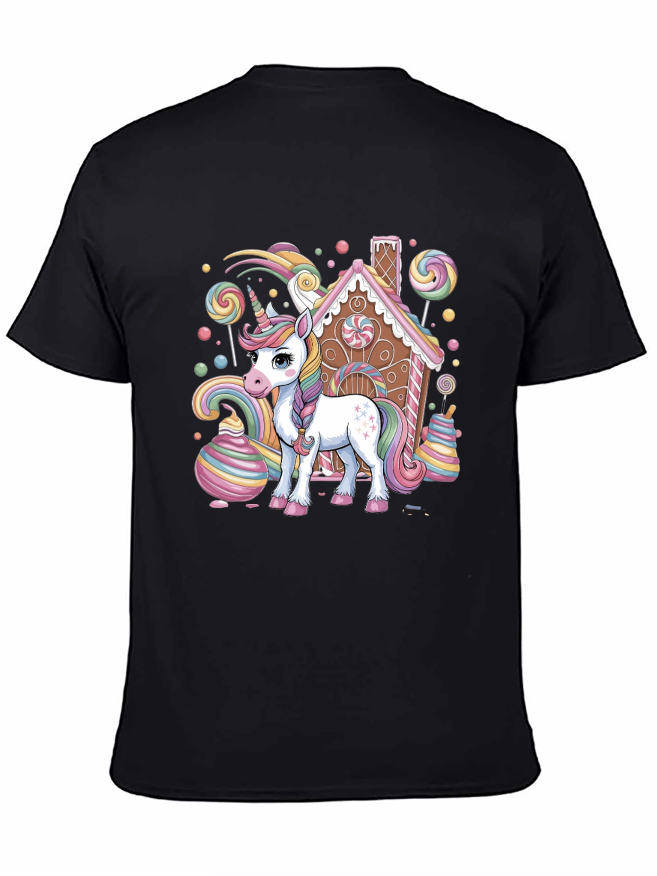 Unicorn & Candy House Graphic Tee - Black Cotton