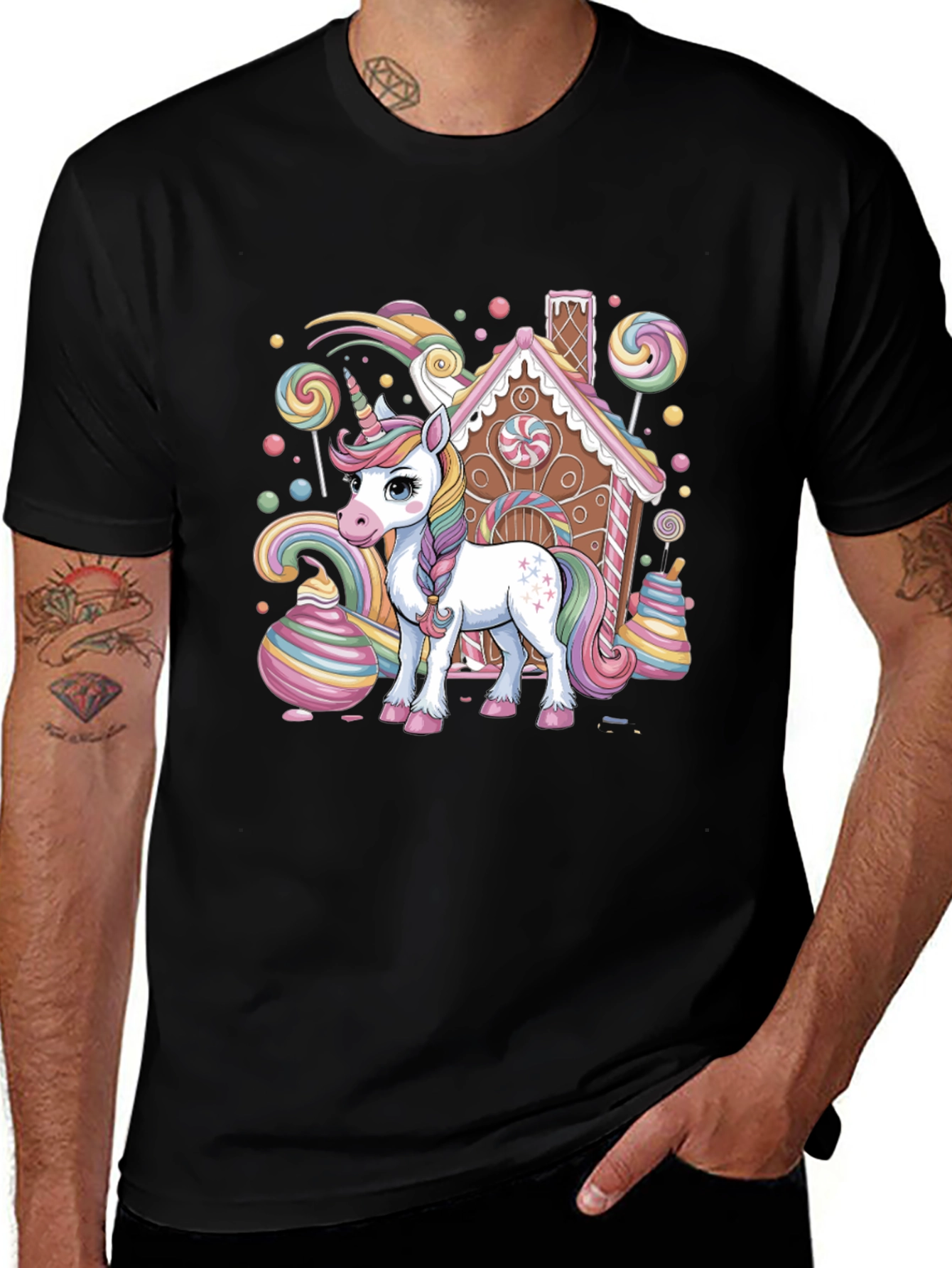 Unicorn & Candy House Graphic Tee - Black Cotton