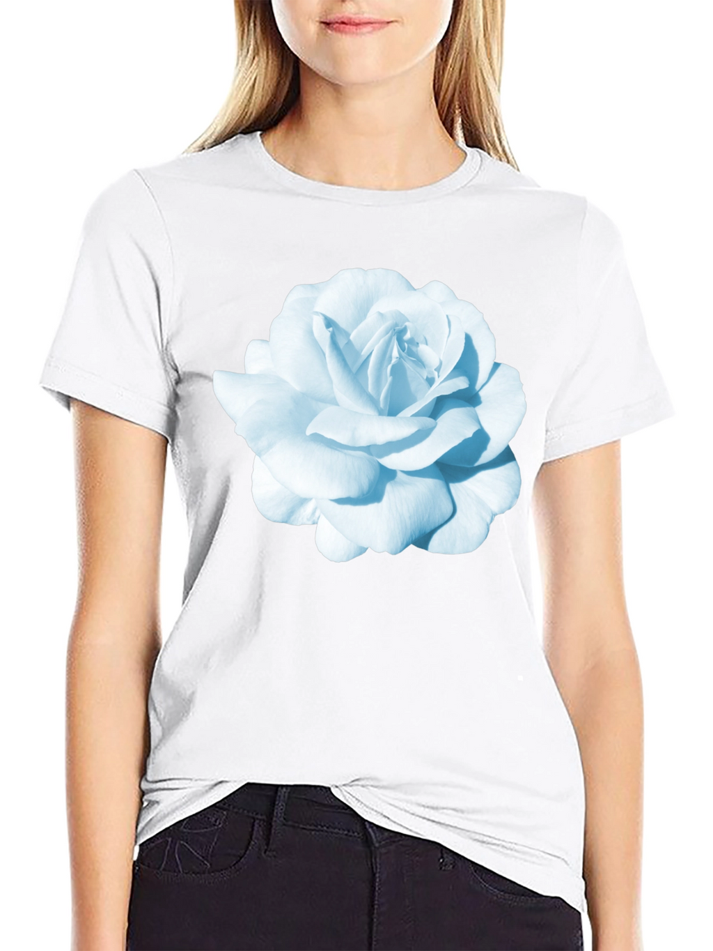 Black T-Shirt with Blue Rose Graphic Print