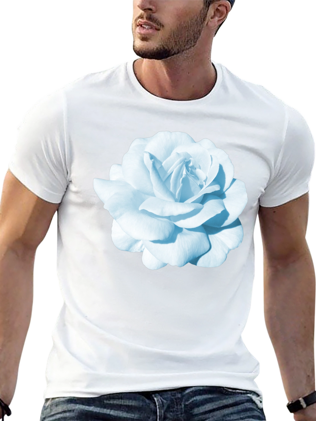 Black T-Shirt with Blue Rose Graphic Print