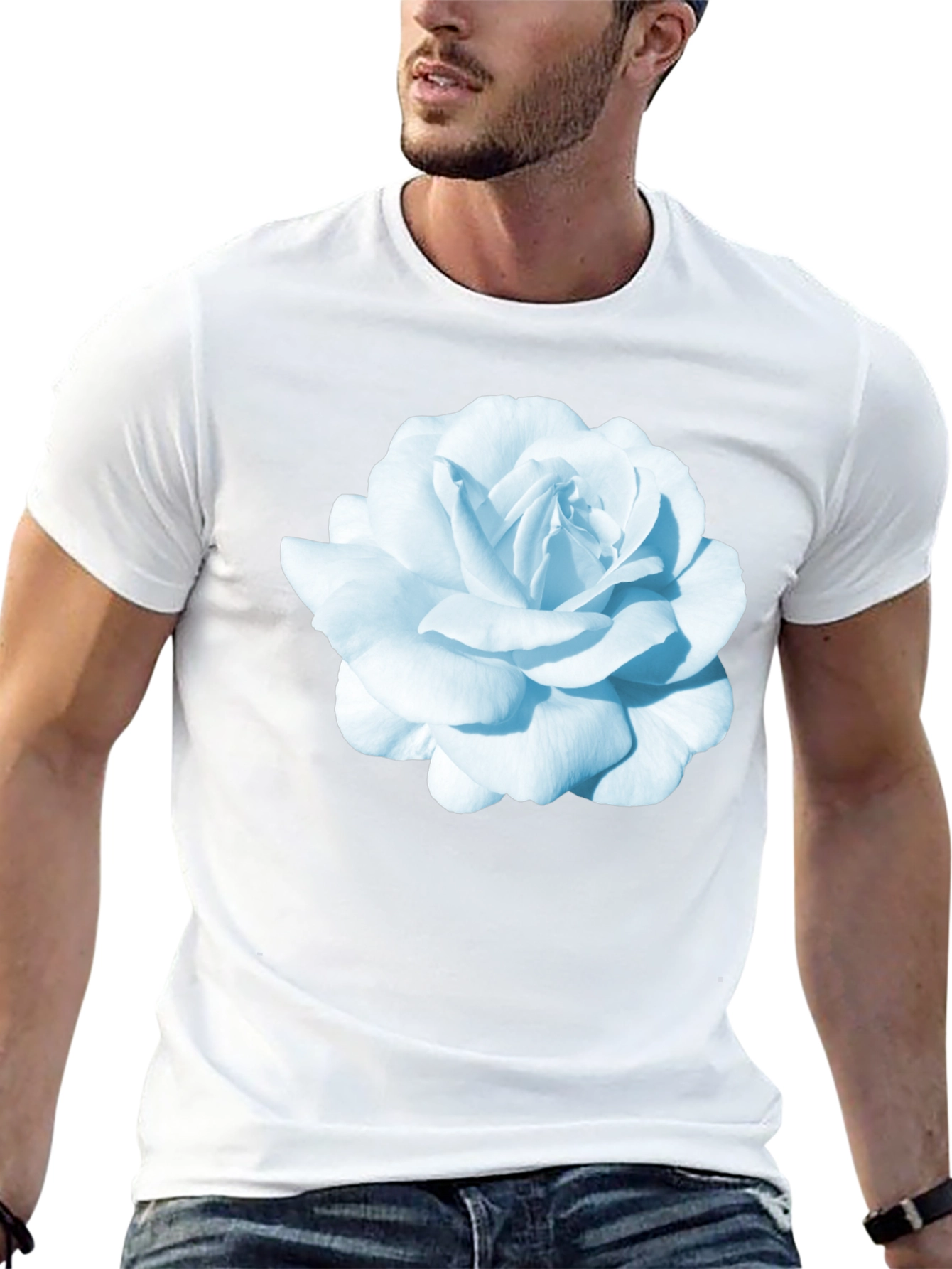Black T-Shirt with Blue Rose Graphic Print