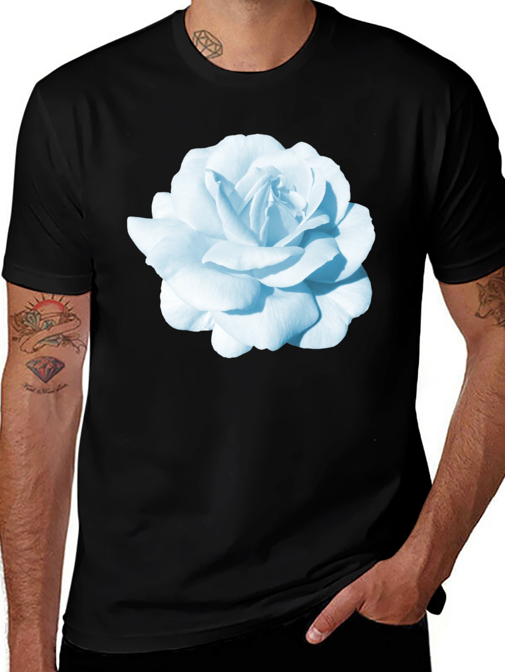 Black T-Shirt with Blue Rose Graphic Print