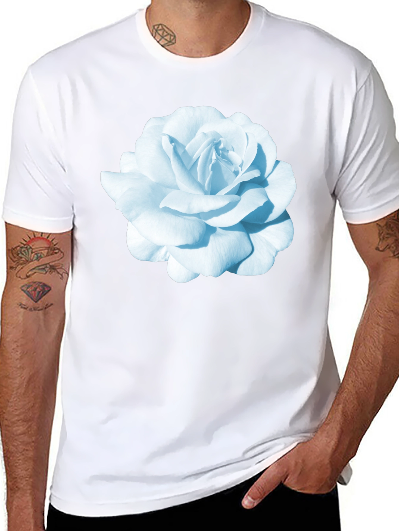 Black T-Shirt with Blue Rose Graphic Print