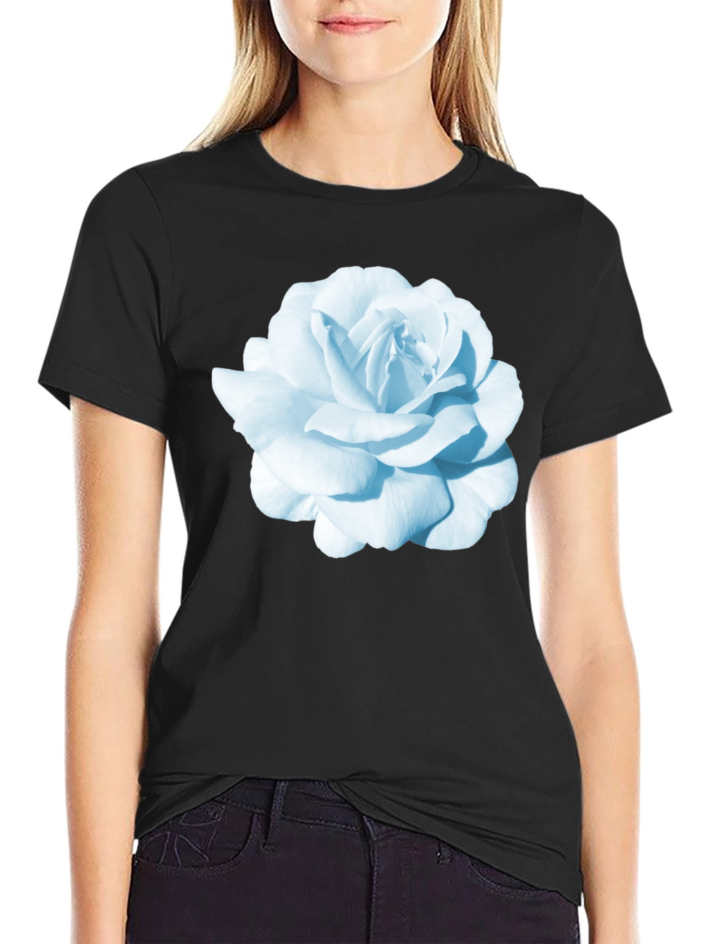 Black T-Shirt with Blue Rose Graphic Print
