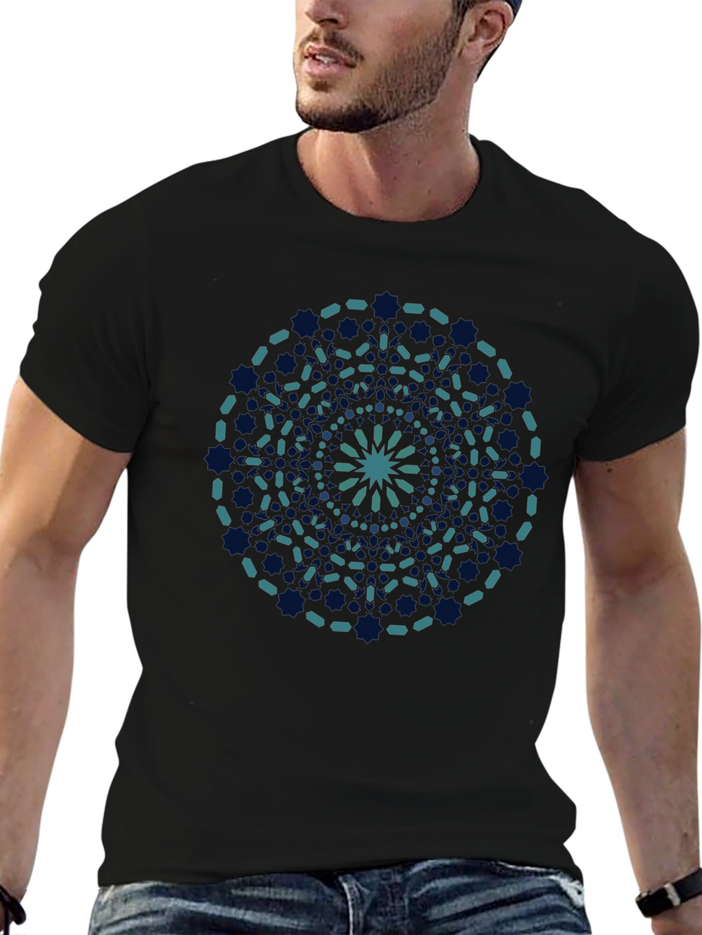 Geometric Mandala Print Black T-Shirt