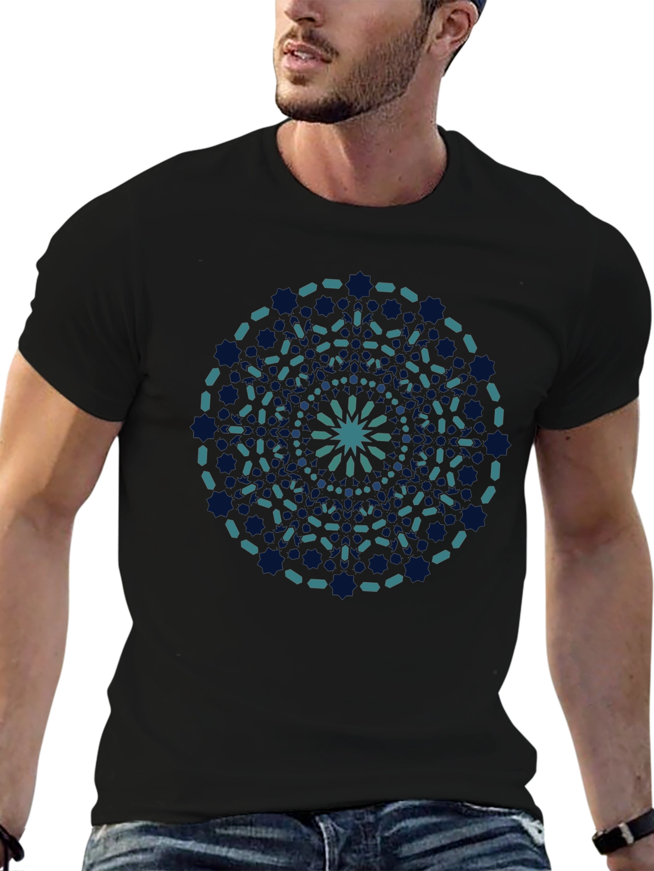 Geometric Mandala Print Black T-Shirt